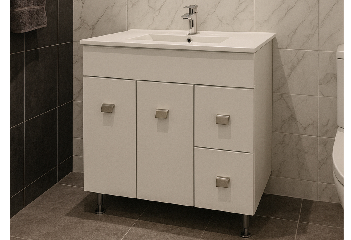 Απεικονίζεται ο πάγκος και ο νιπτήρας του επίπλου μπάνιου